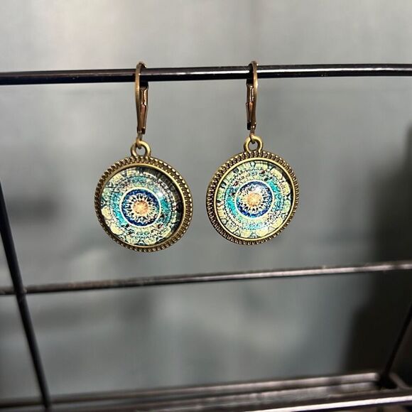 Antique Brass Mandala Glass Earrings — Boho Blue Art Deco Drop Style - Picture 1 of 5